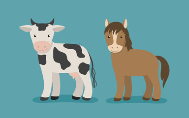 Сartoon animals collection in flat style isolated on white background: cow and horse.