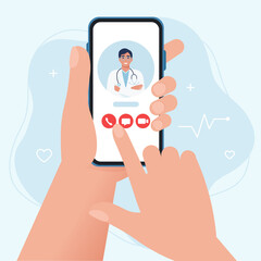 Medical consultation and treatment via application of smartphone connected internet clinic. Online doctor consultation technology in smartphone. Hand holding smartphone. Flat vector illustration
