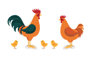 Сartoon animals collection in flat style isolated on white background: rooster, hen, chickens. 