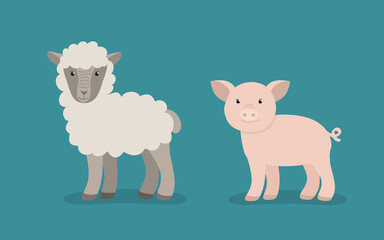 Сartoon animals collection in flat style isolated on white background: sheep and pig.