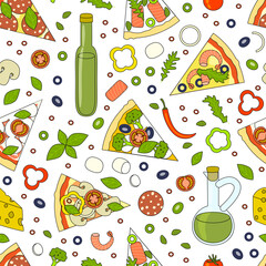 Pizza slices pattern - pizza and ingredients isolated on white - seamless background - pizzeria wallpaper