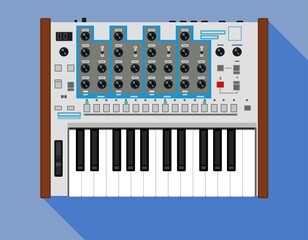 Midi keyboard. Realistic little synths. Analog sound illustration. Electronic music controller. USB equipment. 25key. Professional musical instruments. Synthesizers set. Picture for T-shirts.