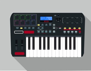 Midi keyboard. Realistic little synths. Analog sound illustration. Electronic music controller. USB equipment. 25key. Professional musical instruments. Synthesizers set. Picture for T-shirts.
