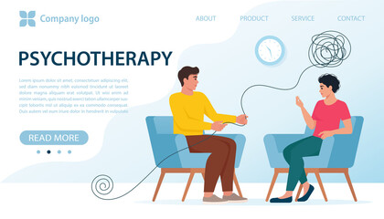Psychotherapy, mental problem or depression treatment concept. Sad, unhappy woman talking with psychologist, he is helping she to cope with a stressful situation. Flat design vector illustration