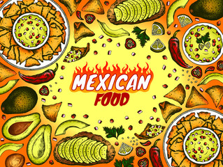 Colorful sketch drawing card of Mexican food, green avocado slice, guacamole, nachos, red hot chili pepper, lemon, cilantro on orange background. Line art vegan snack, vegetarian. Vector illustration.