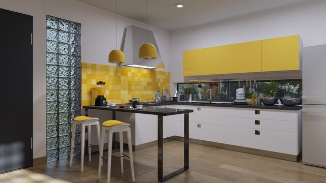 Brightly Illuminated Open Plan Kitchen Design 3D Rendering