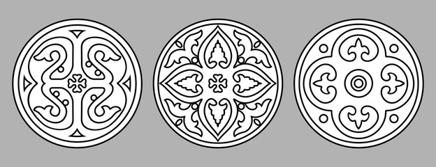 Floral Rosettes, Ancient Ukrainian Ornament Elements, Patterns. Vector cliparts. All parts are available for coloring. For ornament design.