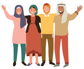 Muslim and Jewish people being friends. Concept of coexistence between Arabs and Jews and peace in the middle east.