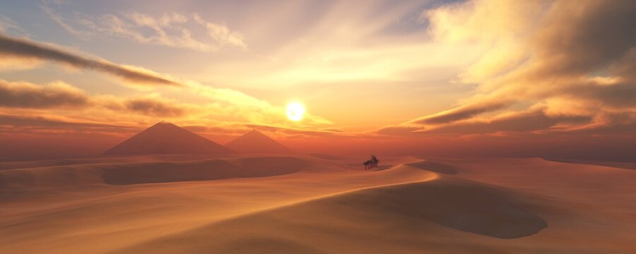Panorama of desert sand at sunset, 3D rendering © ustas