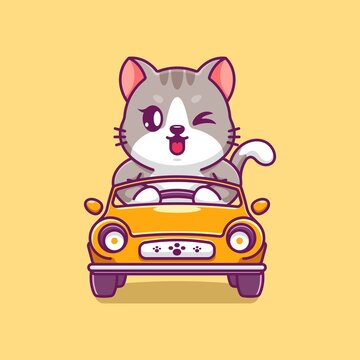 Cute cat driving the car cartoon