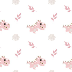 Cute dinosaurs hand drawn color vector seamless pattern for girls