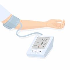 vector illustration of a tonometer and the hand of a person measuring blood pressure - obrazy, fototapety, plakaty