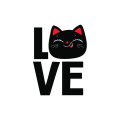 Cute print with black cat and lettering. Cat lovers logo. Love cat