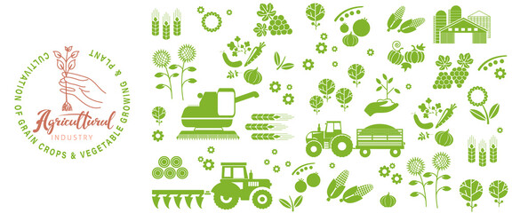 Agricultural background of farm icons. The emblem of the agricultural complex, for advertising the farm.