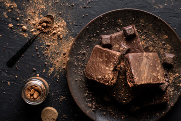 Dark chocolate brownie on black backround