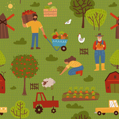 Cute farm seamless pattern with tractors, carrots, fence, apple trees and people. Repeating background for kids. Farming backdrop for wrapping paper, fabric, kids decor. Flat vector illustration.