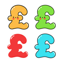 Funny cute happy pound sterling characters bundle set. Vector kawaii line cartoon style illustration. Cute pound sterling mascot character collection
