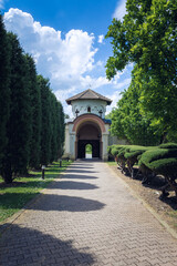 Serbian Orthodox Monastery with cloudy sky. Big Orthodox Monastery in Serbia.
