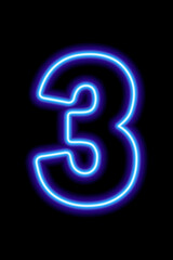 Neon blue number 3 on black background. Serial number, price, place