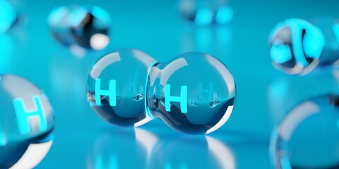 Abstract transparent hydrogen H2 molecules on blue background, clean energy or chemistry concept - 436745167