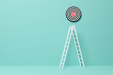 Stepladder leading to goal target in blue room background, achievement, career goal or success concept