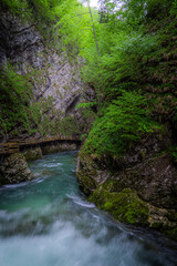 Wooden road above flowing river in a Slovenian gorge.