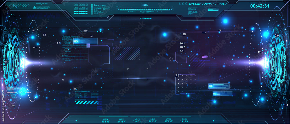 Poster Horizontal abstract holograms with HUD interface. Blank cyberspace with futuristic elements. Circle elements Sci-fi podium for show product in cyberpunk style. 3D holograms HUD for UI, Web. Vector lab