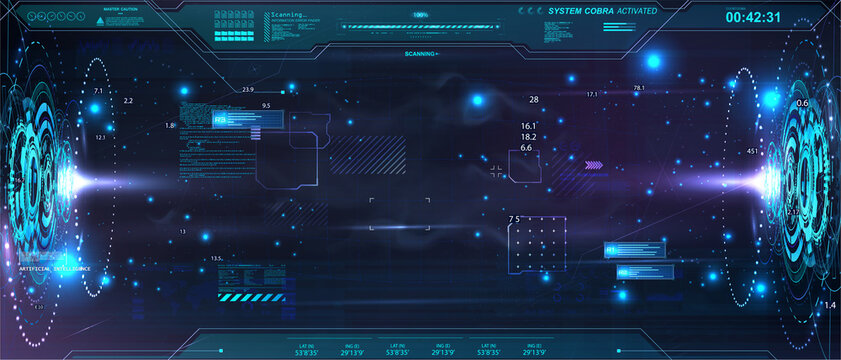 Horizontal abstract holograms with HUD interface. Blank cyberspace with futuristic elements. Circle elements Sci-fi podium for show product in cyberpunk style. 3D holograms HUD for UI, Web. Vector lab