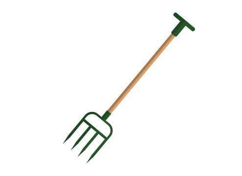 Illustration of a green pitchfork with a wooden handle. Garden cleaning tools