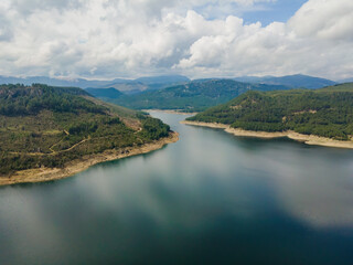 Obraz na płótnie Canvas Aerial view of Karacaoren Dam Lake in mountain in Antalya province, Turkey. Tourism lake for fishing of trout