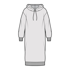 Dress hoody technical fashion illustration with long sleeves, rib cuff oversized body, knee length skirt. Flat apparel front, grey color style. Women, men unisex CAD mockup