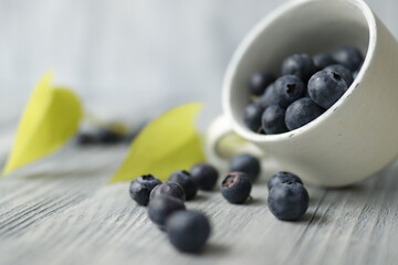 White mug blueberries on a table with leaves closeup