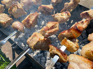 Meat with smoke on the barbecue grill. Fried meat of pork, beef, lamb on skewers are fried on fire, skewers on a metal skewer