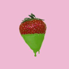 Minimal concept made with strawberry dripping with green paint on pink background.