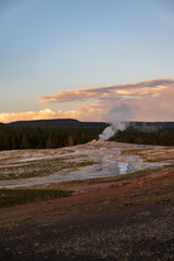 Geyser erupting during sunset at Yellowstone National Park, Wyoming, USA