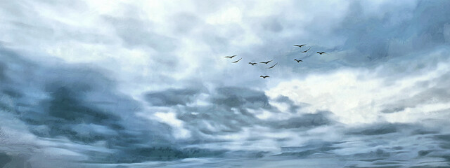 A flock of birds in the sky. Gray weather. Wide panoramic view
