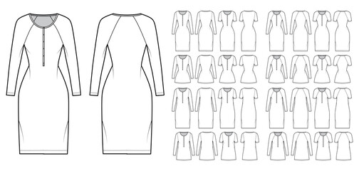 Set of Dresses henley collar technical fashion illustration with long elbow short raglan sleeves, oversized fitted, knee mini length. Flat apparel front, back, white color style. Women, men CAD mockup