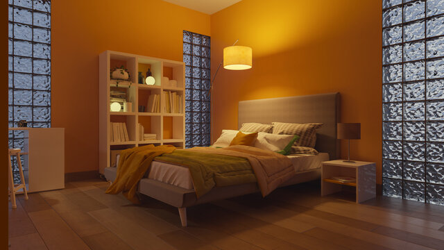 The Bookshelf and the Bed Inside a Softly Illuminated Bedroom with Glass Blocks 3D Rendering