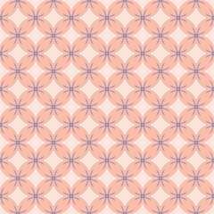 Fototapeta premium Simple vector floral geometric seamless pattern. Elegant ornament texture with flower silhouettes, diamonds, squares, crosses. Stylish ornamental background. Lilac, pink, white color. Repeat design