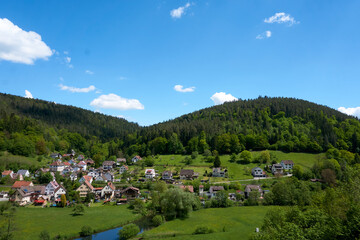 Fototapeta na wymiar panorama view of a beautiful green landscape under a blue sky in the black forest
