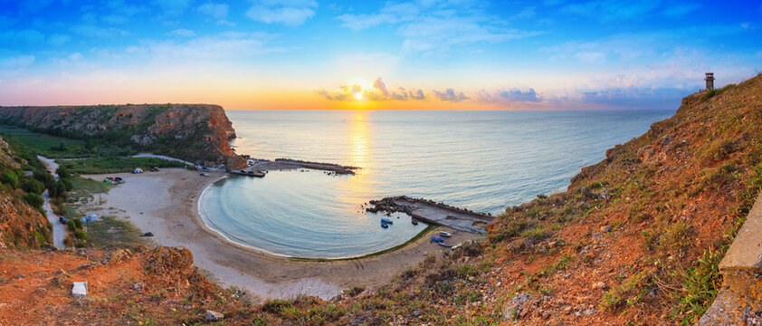 Coastal landscape - top view of the sunrise in the Bolata cove on the Black Sea coast of Bulgaria