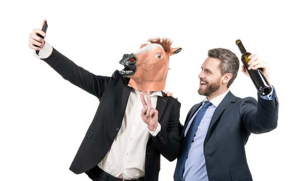 Happy professional men stream selfie video via mobile phone from corporate party, livestreaming