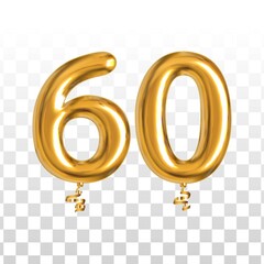 Vector realistic isolated golden balloon number of 60 for invitation decoration on the transparent background. - obrazy, fototapety, plakaty