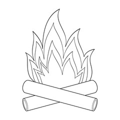 Campfire outline icon. Coloring book page for children. Bonfire vector illustration isolated on white background.