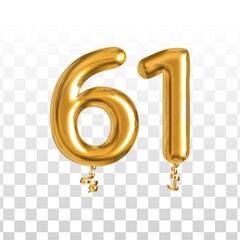 Vector realistic isolated golden balloon number of 61 for invitation decoration on the transparent background.
