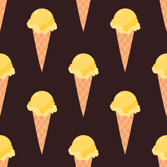 Yellow waffle cone Vector illustration in flat design Seamless pattern with ice cream on dark brown background