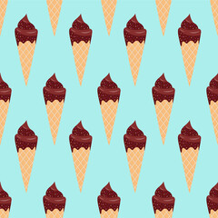 Vector seamless pattern with chocolate ice cream Classic waffle cones with icing on turquoise background