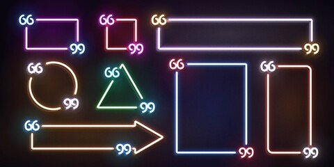 Vector set of realistic isolated neon sign of Quote frames and borders for template decoration and layout on the dark background. Concept of speech bubble and motivation.