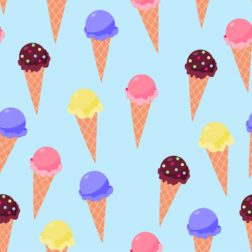 Ice cream seamless pattern in flat design Waffle cones with different taste on blue background