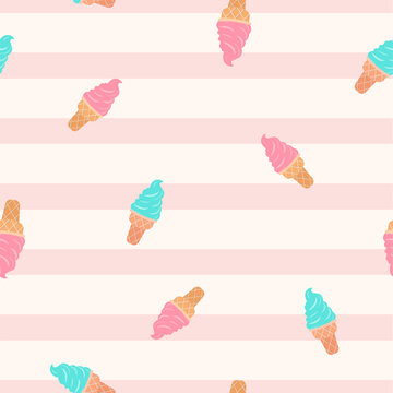 Waffle Cones Vector Seamless Pattern Flat Design Pink And Blue Creamy Ice Cream On Light Striped Background